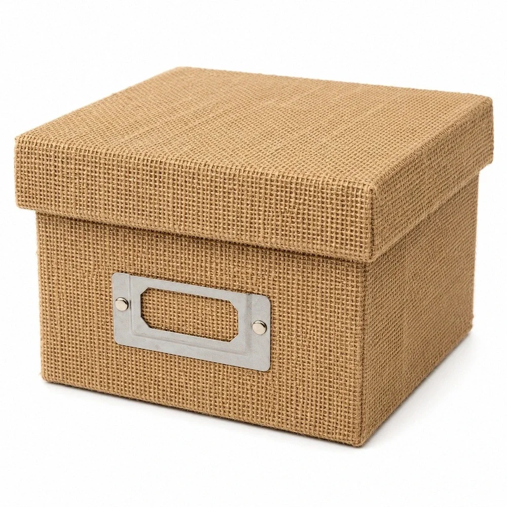 Storage Box Women Small Brown Burlap Jute Rustic With Lid Label Holder